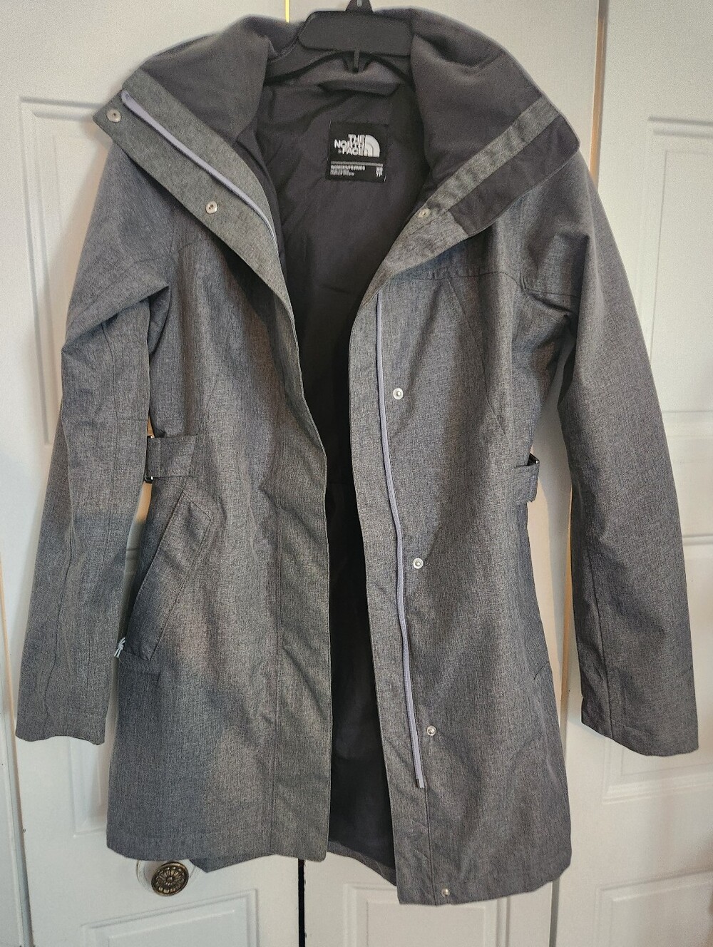 THE NORTH FACE HOODED GRAY ZIP/SNAP FRONT FITTED COAT, XS